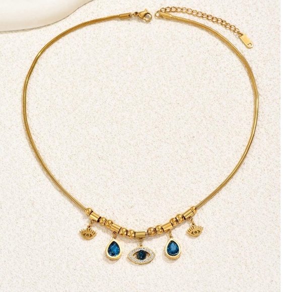 Luxe Stainless Steel Gold Tone Evil Eye Rhinestone Necklace - Picture 3 of 3